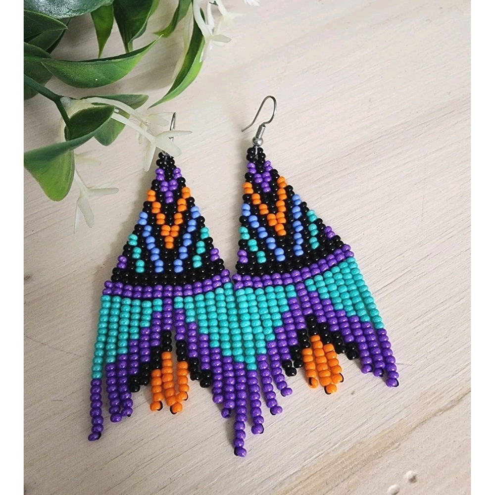 Handmade Seed Bead Fringe Earrings Boho Tribal Geometric Dangle Purple Teal New - Picture 1 of 5